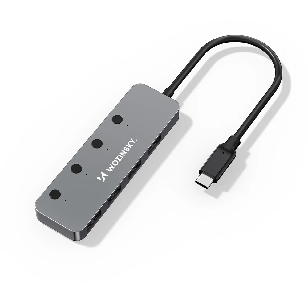 Wozinsky WHS080YSS 4 x USB-A 3.0 Aluminum Hub with Individual Switches and 15 cm USB-C Cable - Gray