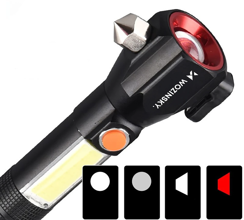Wozinsky WLR-31 5W 500lm CREE 3 viename daugiafunkcis žibintuvėlis su stiklo daužikliu ir saugos diržo pjaustytuvu - Juodas
