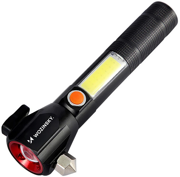 Wozinsky WLR-31 5W 500lm CREE 3 viename daugiafunkcis žibintuvėlis su stiklo daužikliu ir saugos diržo pjaustytuvu - Juodas
