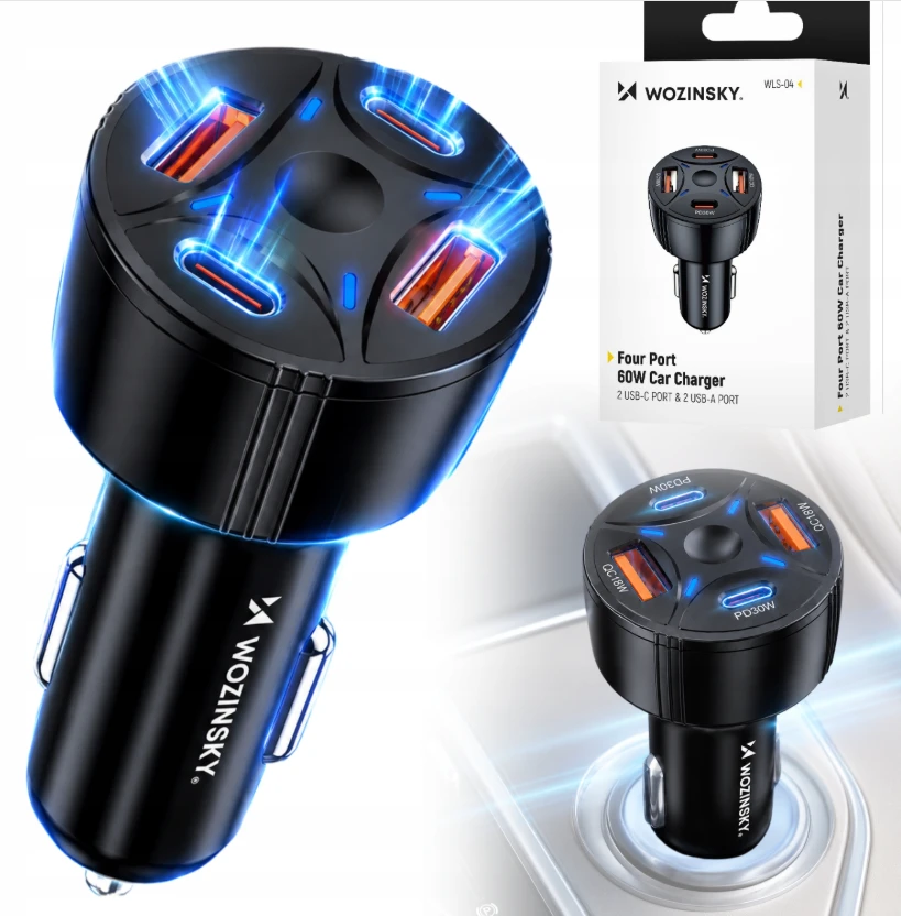 Wozinsky WLS-04 60W Car Charger 2xUSB-C 2xUSB-A - Juodas