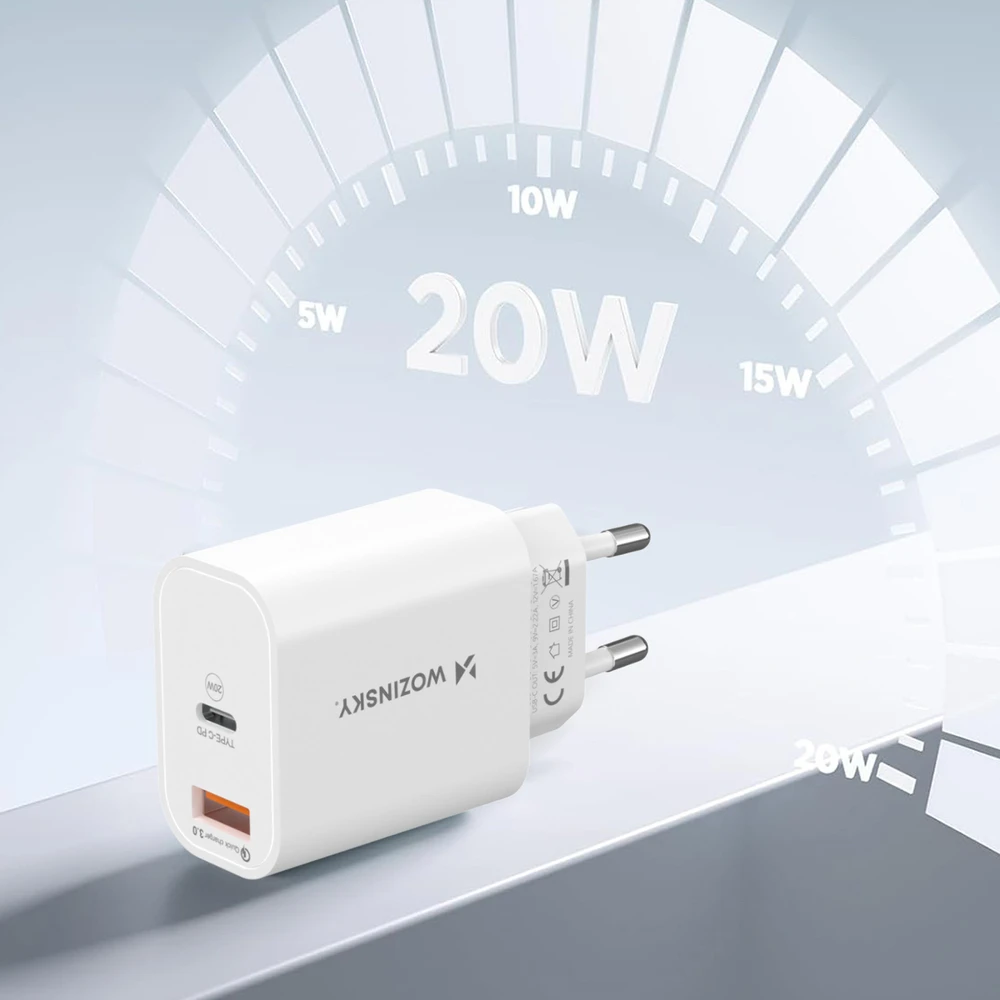 Wozinsky WLS-20W 20W USB-A USB-C Wall Charger with 1m USB-C - USB-C Cable - Baltas