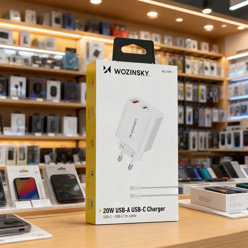 Wozinsky WLS-20W 20W USB-A USB-C Wall Charger with 1m USB-C - USB-C Cable - Baltas