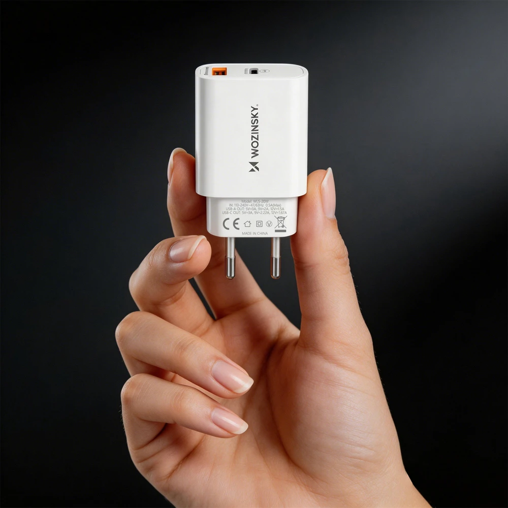 Wozinsky WLS-20W 20W USB-A USB-C Wall Charger with 1m USB-C - USB-C Cable - Baltas
