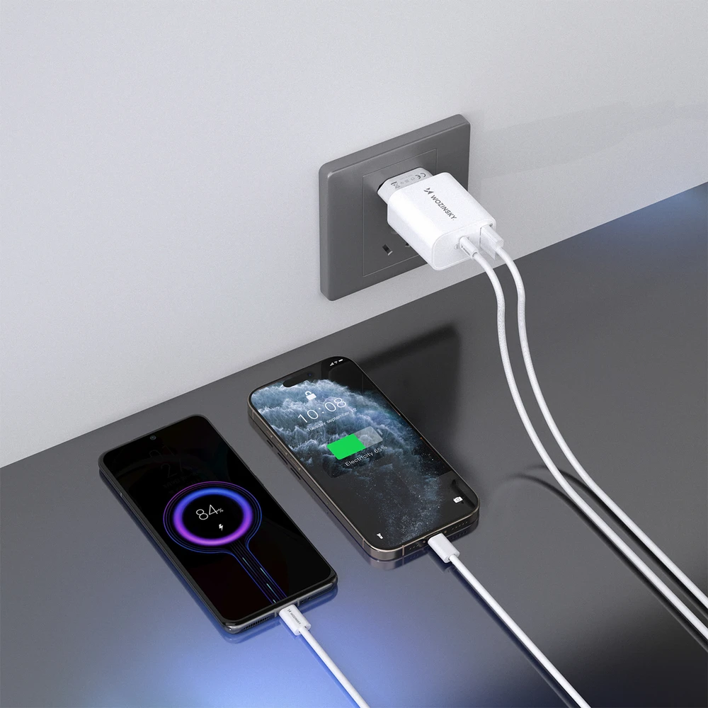 Wozinsky WLS-20W 20W USB-A USB-C Wall Charger with 1m USB-C - USB-C Cable - Baltas