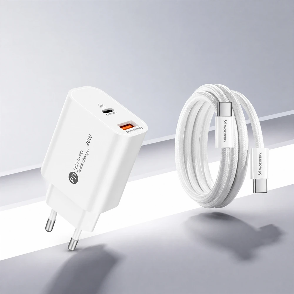 Wozinsky WLS-20W 20W USB-A USB-C Wall Charger with 1m USB-C - USB-C Cable - Baltas