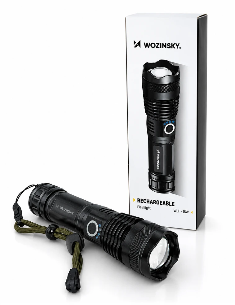 Wozinsky WLT-15W 15W 1500lm CREE IP65 taktinis žibintuvėlis su reguliuojamu spinduliu - Juodas