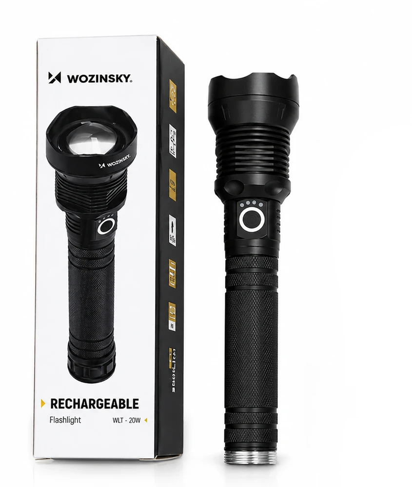 Wozinsky WLT-20W taktinis žibintuvėlis 20 W 2000 lm CREE diodai IP65 su reguliuojamu spinduliu - juodas