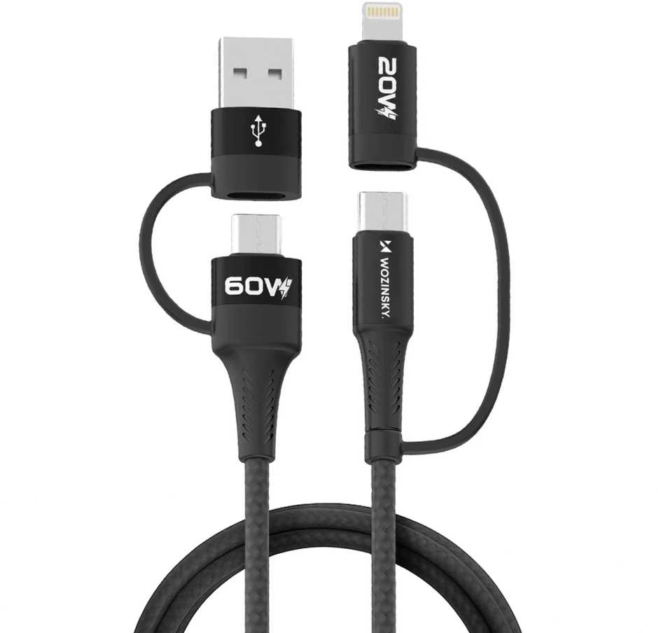 Wozinsky WNBAA 4in1 kabelis 2x USB-C 1x USB-A 1x Lightning 60W 1 m – juodos spalvos