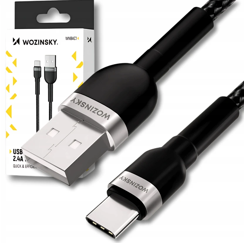 Wozinsky WNBAC2 USB-A / USB-C 2.4A kabelis 2 m – juodos spalvos