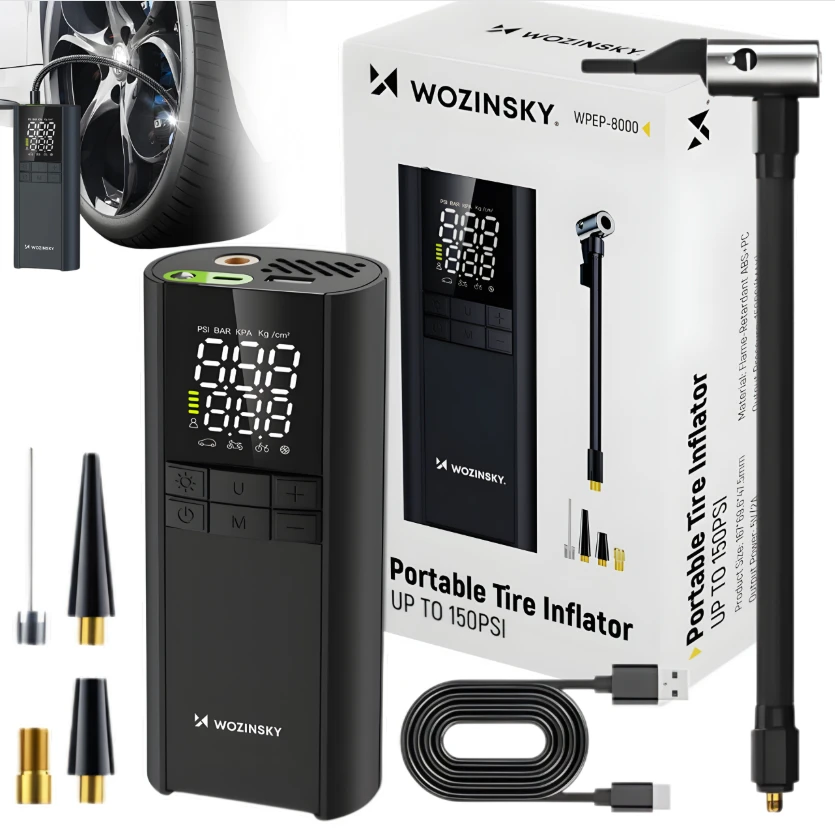 Wozinsky WPEP-8000 kompresorius, elektrinis siurblys, 8000 mAh išorinė baterija, žibintuvėlis - juodas