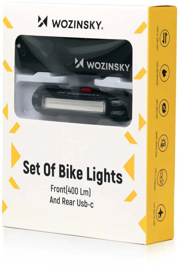 Rinkinys lampek rowerowych Wozinsky WSBLB2 przednia (400 lm) USB-C i tylna USB micro - juoda