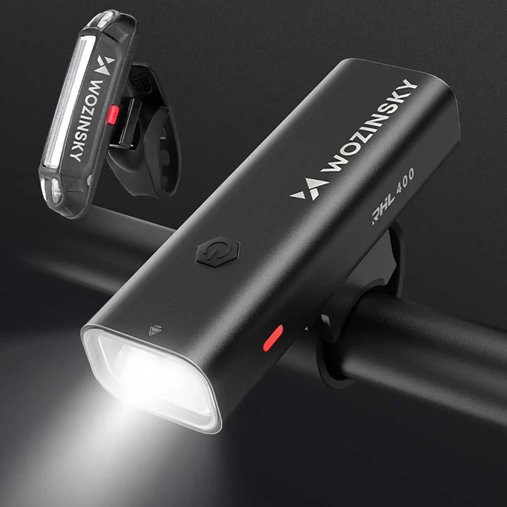 Rinkinys lampek rowerowych Wozinsky WSBLB2 przednia (400 lm) USB-C i tylna USB micro - juoda