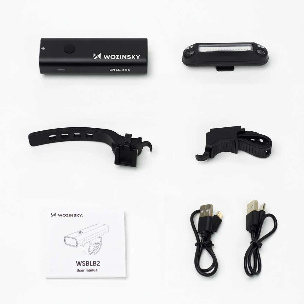 Rinkinys lampek rowerowych Wozinsky WSBLB2 przednia (400 lm) USB-C i tylna USB micro - juoda