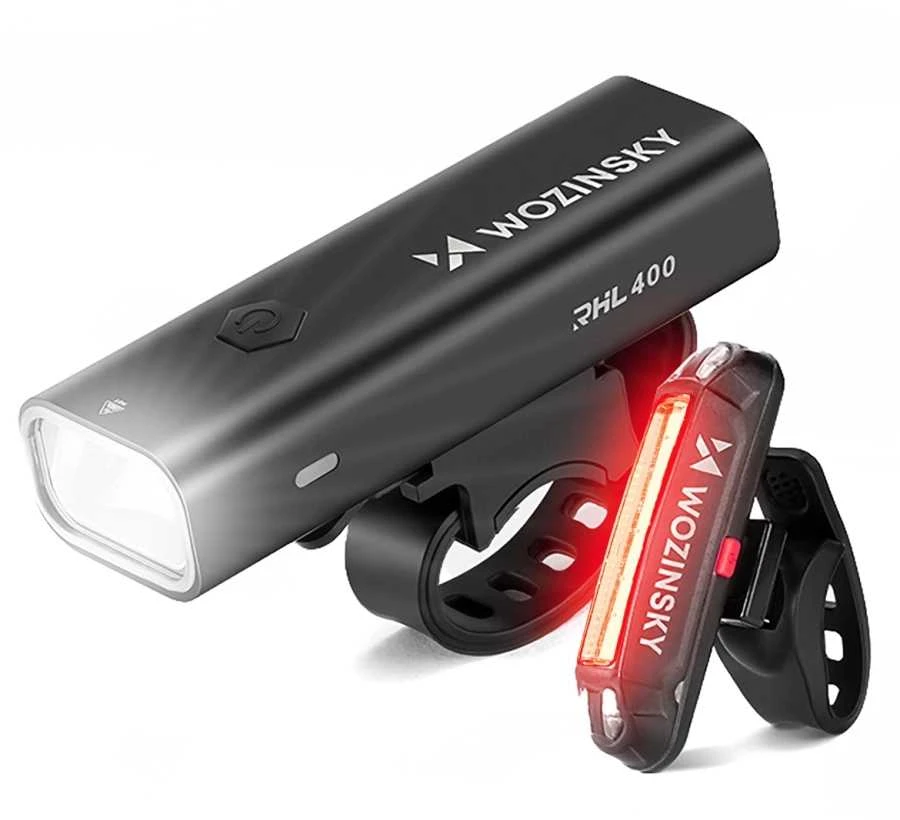 Rinkinys lampek rowerowych Wozinsky WSBLB2 przednia (400 lm) USB-C i tylna USB micro - juoda