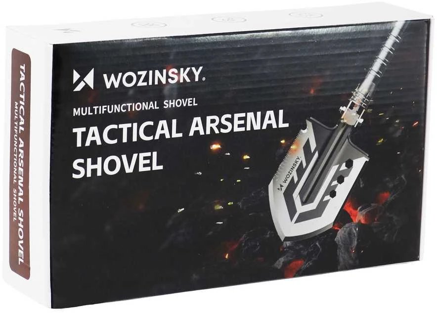 Wozinsky WSS-211 išgyvenimo kastuvas išgyvenimui, daugiafunkcis peilis, titnago švilpukas, harpūnas, 21 viename - pilka