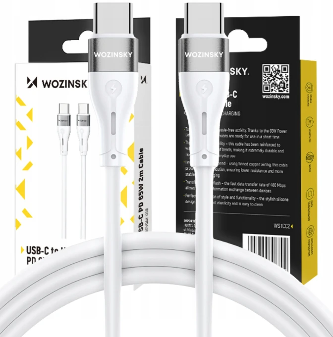 Wozinsky WSTCC2 USB-C / USB-C PD 65W kabelis 2 m – baltos spalvos