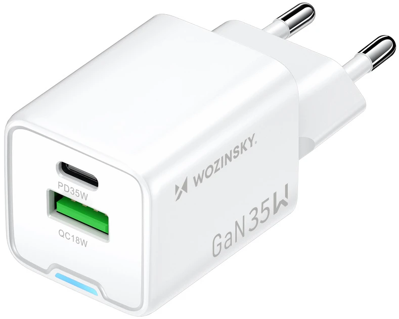 Wozinsky WWC-35W GaN USB-A + USB-C sieninis įkroviklis - Baltas