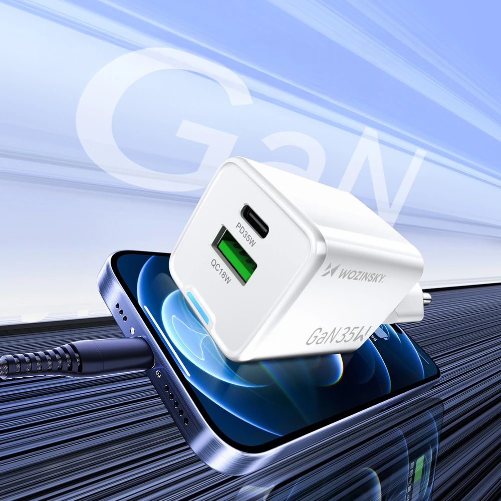 Wozinsky WWC-35W GaN USB-A + USB-C sieninis įkroviklis - Baltas