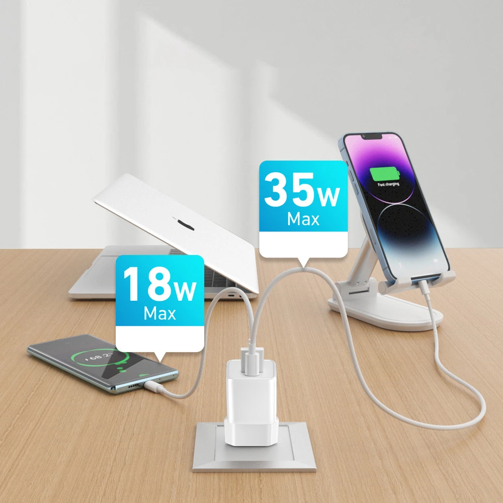 Wozinsky WWC-35W GaN USB-A + USB-C sieninis įkroviklis - Baltas
