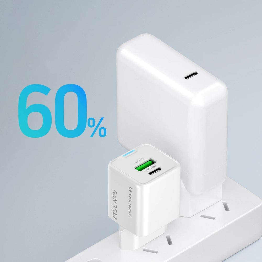 Wozinsky WWC-35W GaN USB-A + USB-C sieninis įkroviklis - Baltas