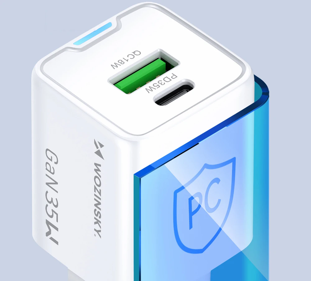 Wozinsky WWC-35W GaN USB-A + USB-C sieninis įkroviklis - Baltas
