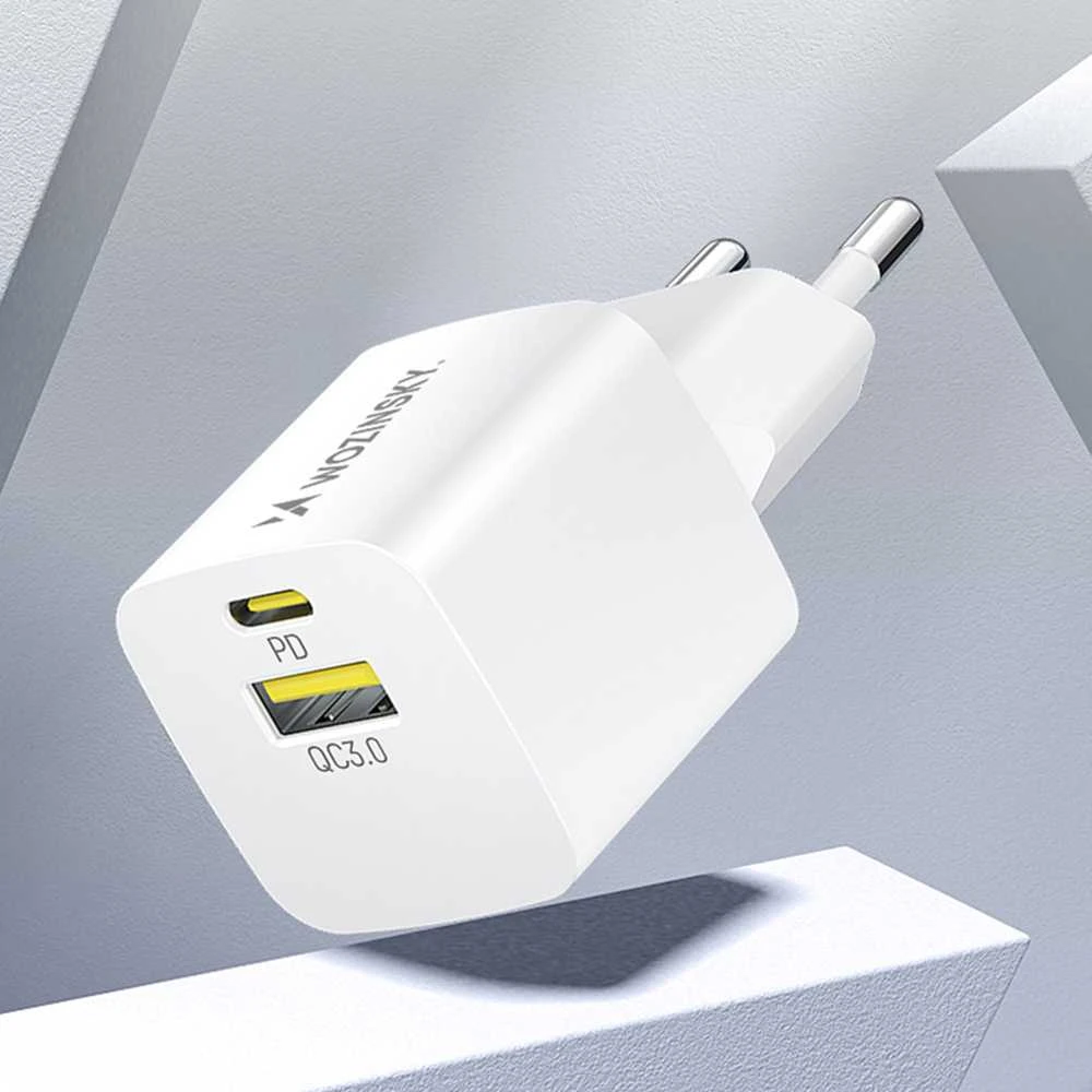 Wozinsky WWCEAC GaN USB-A USB-C 33W laidinis įkroviklis – baltos spalvos