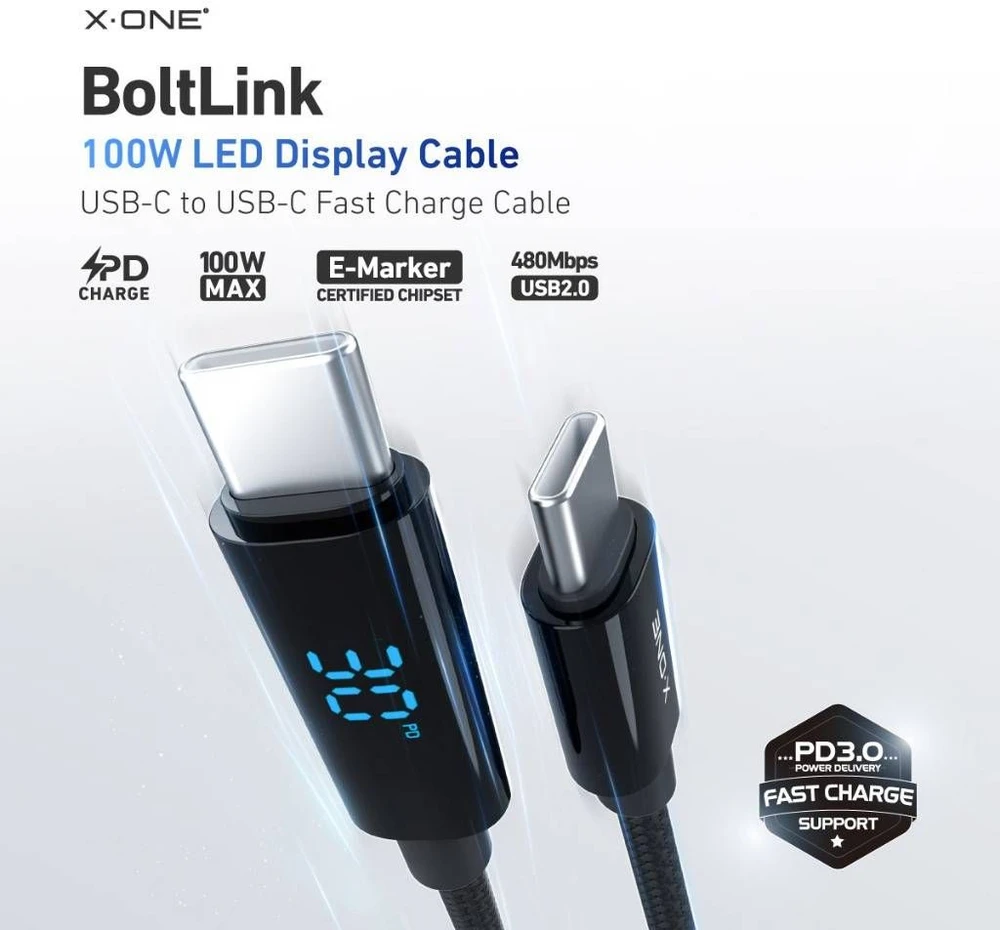 X-ONE BoltLink LED Ekranas data cable - type C to C - max 100W 1,5 m juodas