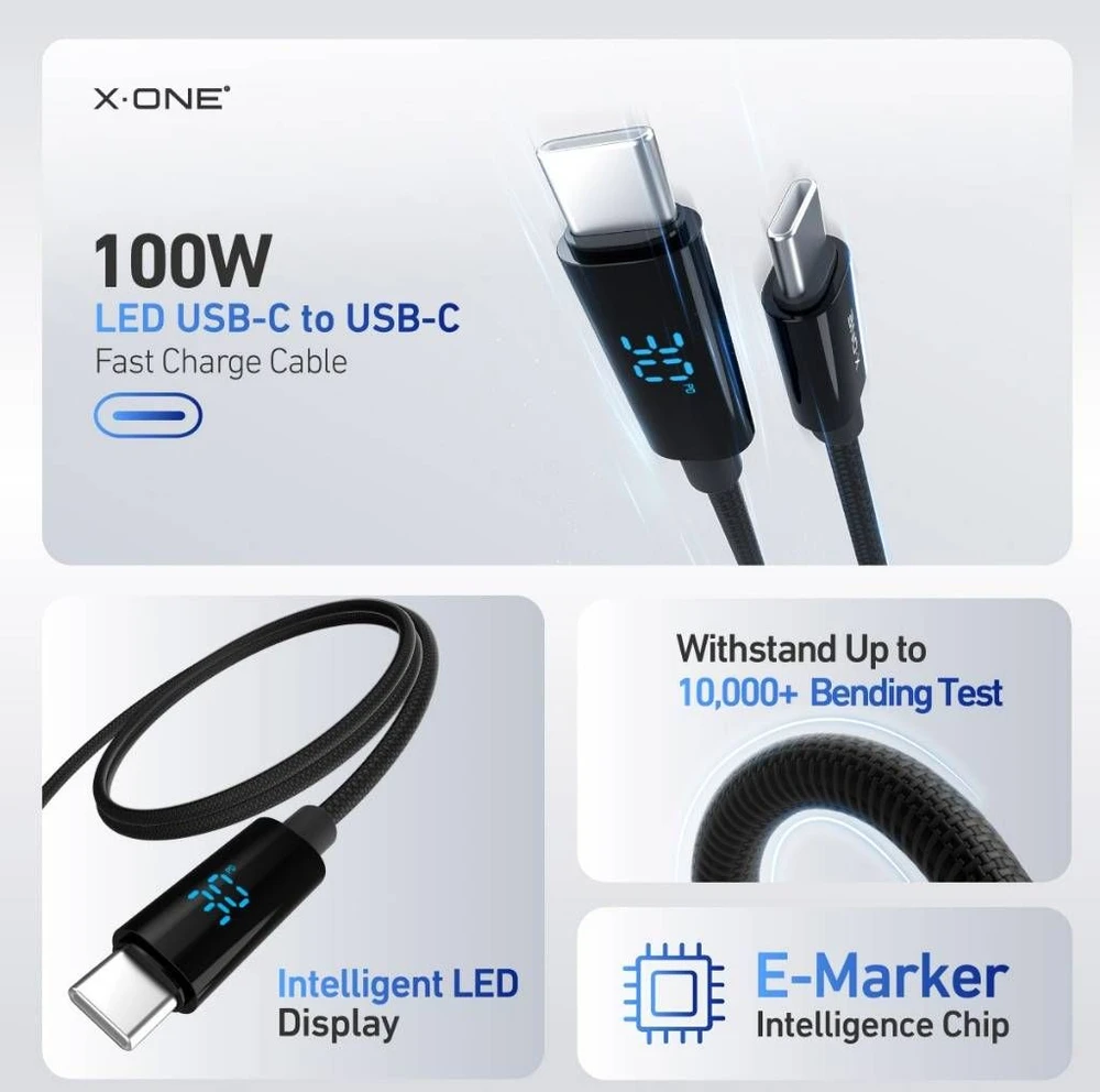 X-ONE BoltLink LED Ekranas data cable - type C to C - max 100W 1,5 m juodas