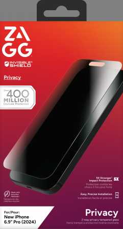 „ZAGG InvisibleShield Glass Elite“ privatumas, skirtas „iPhone 16 Pro Max“.