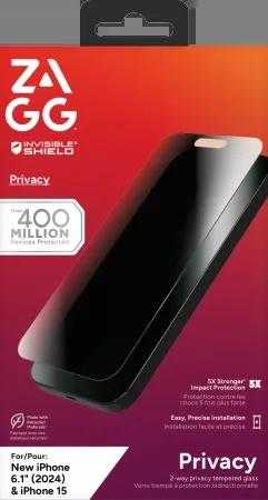 „ZAGG InvisibleShield Glass Elite“ privatumas, skirtas „iPhone 15/16“.