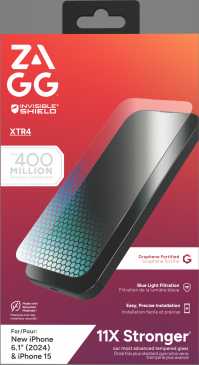ZAGG InvisibleShield Glass XTR4 apsauginis stiklas su grafenu ir mėlynos šviesos filtru, skirtas iPhone 15/16
