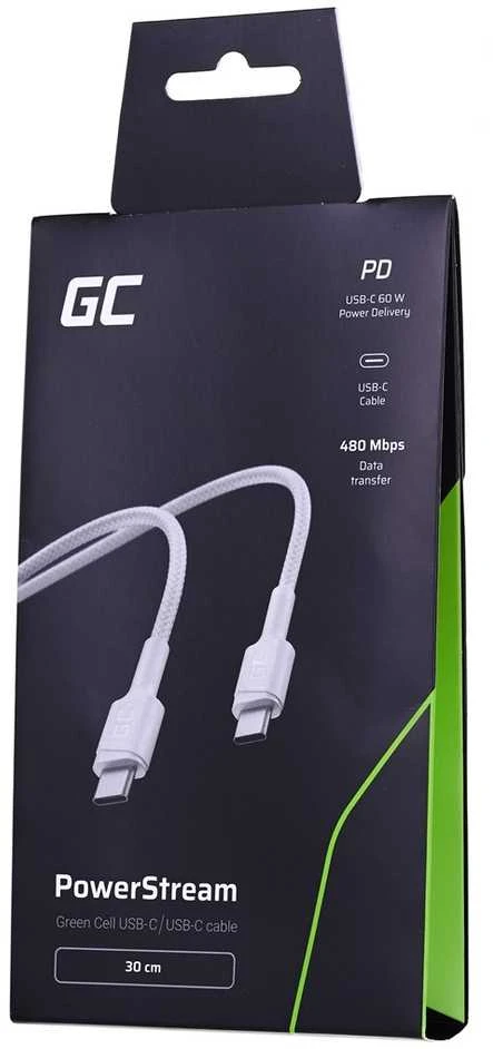 Green Cell Žalias Cell Kabelis Baltas USB-C Type C 30cm Žalias Cell PowerStream su greito įkrovimo Maitinimo tiekimas 60W, Ultra Charge, Quick Charge 3.0