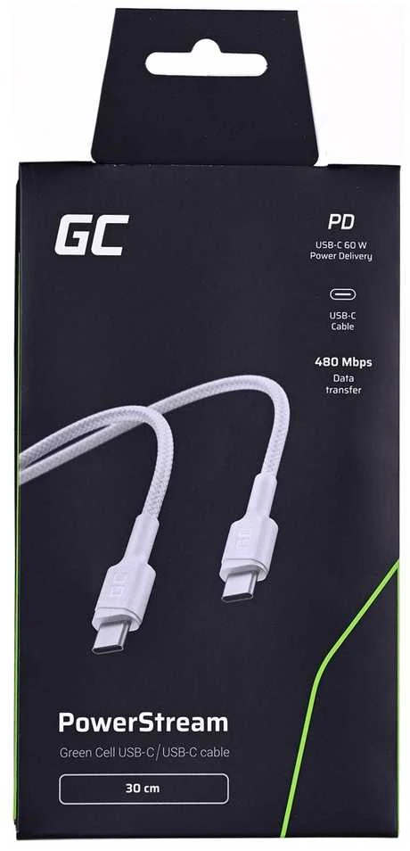 Green Cell Žalias Cell Kabelis Baltas USB-C Type C 30cm Žalias Cell PowerStream su greito įkrovimo Maitinimo tiekimas 60W, Ultra Charge, Quick Charge 3.0