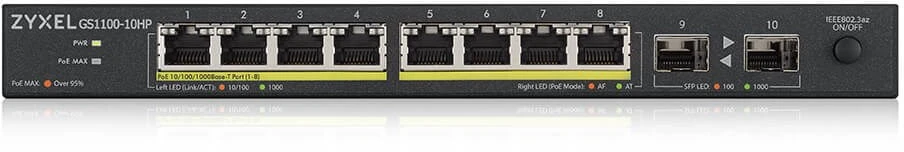 Šakotuvas ZYXEL GS1100-10HPV2, nevaldomas POE 8X gigabitas, 2X šviesolaidinis uplink, 130 vatų POE (5 metų garantija)
