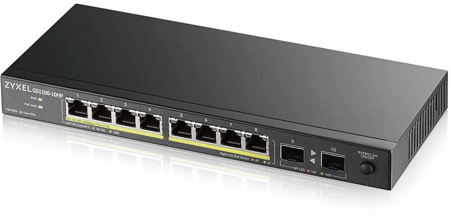 Šakotuvas ZYXEL GS1100-10HPV2, nevaldomas POE 8X gigabitas, 2X šviesolaidinis uplink, 130 vatų POE (5 metų garantija)