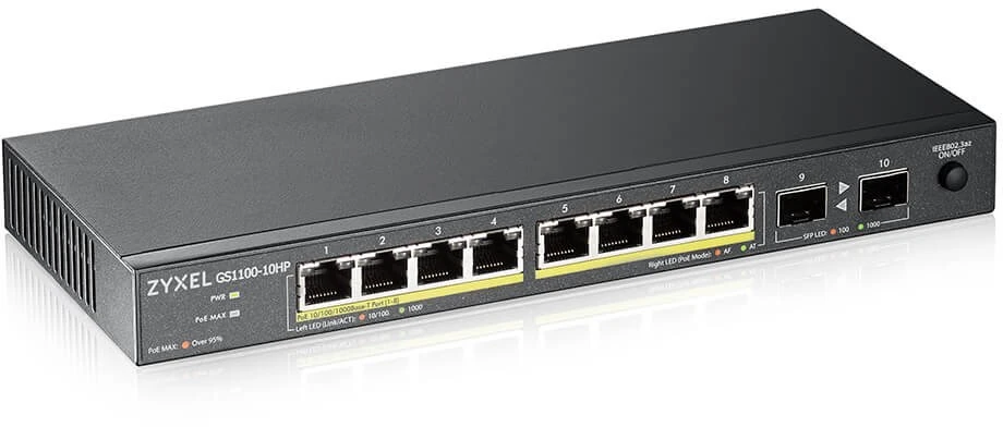 Šakotuvas ZYXEL GS1100-10HPV2, nevaldomas POE 8X gigabitas, 2X šviesolaidinis uplink, 130 vatų POE (5 metų garantija)