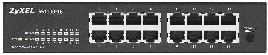 Šakotuvas „Zyxel GS1100-16/16-port 10/100/1000Mbps Gigabit Ethernet“ komutatorius, be ventiliatoriaus, 802.3az (Žalias), darbalaukio