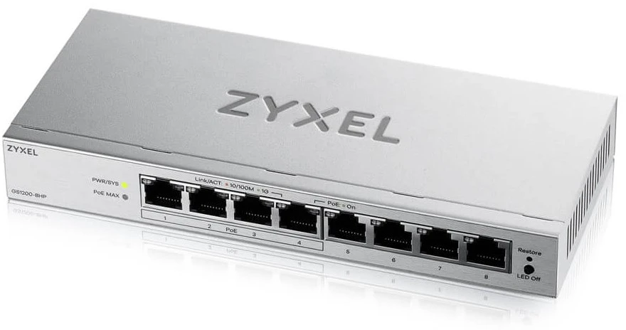 Šakotuvas „Zyxel GS1200-8HPV3“ valdomas L2 gigabito Ethernet (10/100/1000) maitinimas per Ethernet (PoE) darbalaukio pilkas