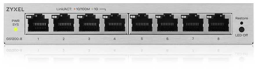 Šakotuvas „Zyxel GS1200-8V3“ valdomas L2 gigabito eterneto (10/100/1000) darbalaukio tinklas su pilkomis plokštėmis