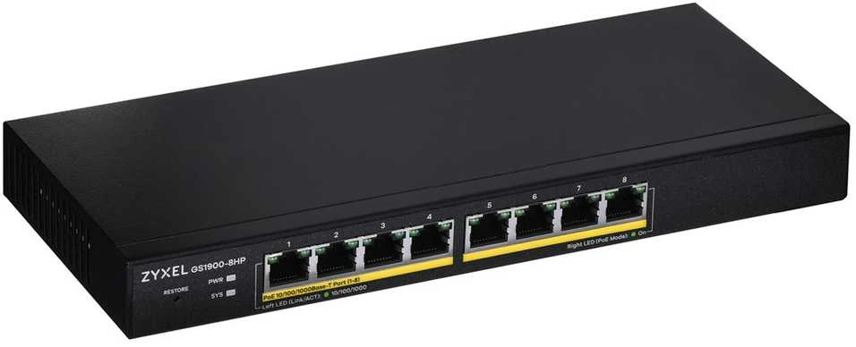 Šakotuvas ZYXEL GS1900-8HP V3, 8-PORT GBE L2 POE SMART SWITCH, 802.3AT, DESKTOP, FANLESS, 77 WATT (5Y WARRANTY)