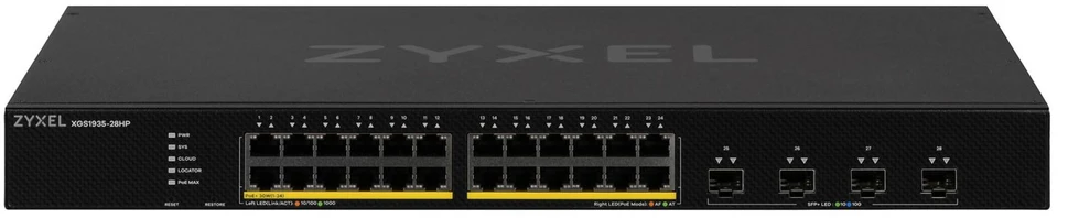 Šakotuvas ZYXEL XGS1935-28HP, 28 prievadų LITE-L3 išmanusis valdomas POE komutatorius, 24x gigabito POE ir 4x 10G SFP+, hibridinis režimas, autonominis arba „Nebulaflex“ debesis, 375 vatų POE (5 metų garantija)