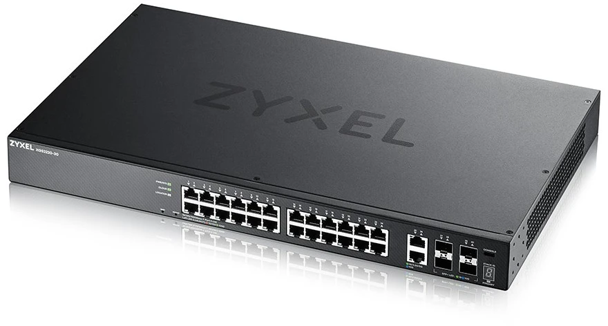 Šakotuvas ZYXEL XGS2220-30, L3 prieigos jungiklis, 24X1G RJ45 2X10MG RJ45, 4X10G SFP+ UPLINK, įskaitant 1 metų „Nebulaflex Pro“ (5 metų garantija)