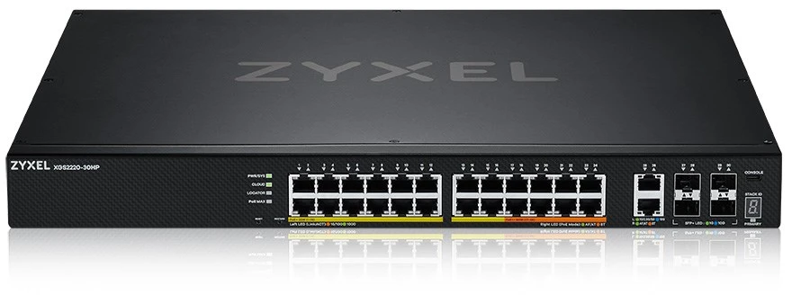 Šakotuvas ZYXEL XGS2220-30HP, L3 prieigos komutatorius, 400W POE, 16XPOE+/10XPOE++, 24X1G RJ45 2X10MG RJ45, 4X10G SFP+ UPLINK, įskaitant 1 metų „Nebulaflex Pro“ (5 metų garantija)