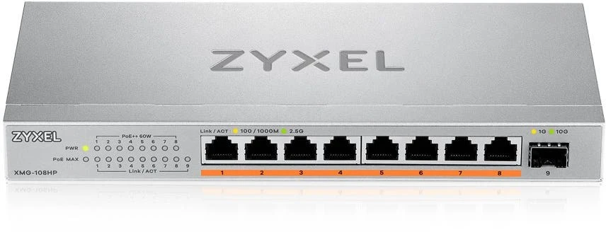 Šakotuvas ZYXEL XMG-108 8 PORTS 2,5G + 1 SFP+, 8 PORTS 100W TOTAL POE++ DESKTOP MULTIGIG UNMANAGED DESKTOP SWITCH (2Y WARRANTY)