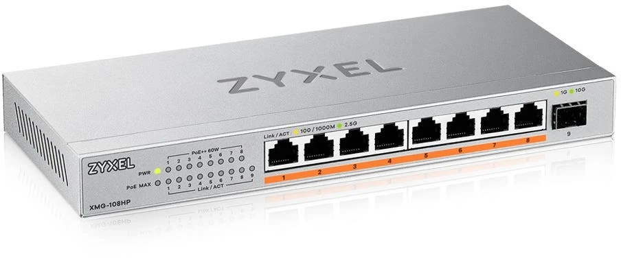 Šakotuvas ZYXEL XMG-108 8 PORTS 2,5G + 1 SFP+, 8 PORTS 100W TOTAL POE++ DESKTOP MULTIGIG UNMANAGED DESKTOP SWITCH (2Y WARRANTY)