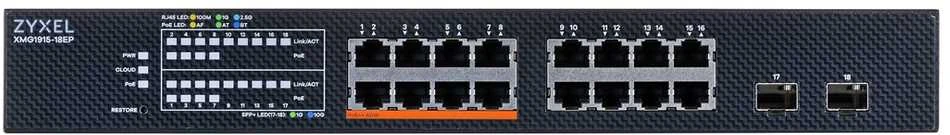 Šakotuvas ZYXEL XMG1915-18EP, 16 prievadų 2,5 GBE, 2 SFP+, 8 POE++ 180 W išmanusis komutatorius, hibridinis režimas, autonominis arba „Nebulaflex“ debesis (5 metų garantija)