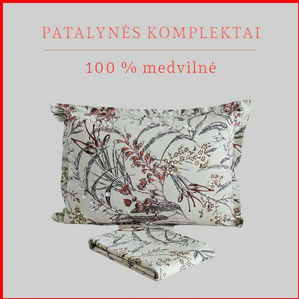 100 proc. medvilnės patalynės komplektas - Antklodės užvalkalas 140x200 cm. + 1 pagalvės užvalkalas 50x70 cm. be užtrauktuko.