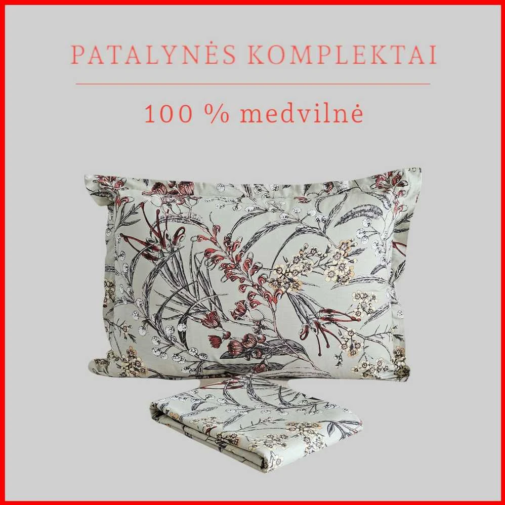 100 proc. medvilnės patalynės komplektas - Antklodės užvalkalas 200x200 cm. + pagalvės užvalkalai 50x70 cm. (2 vnt.)