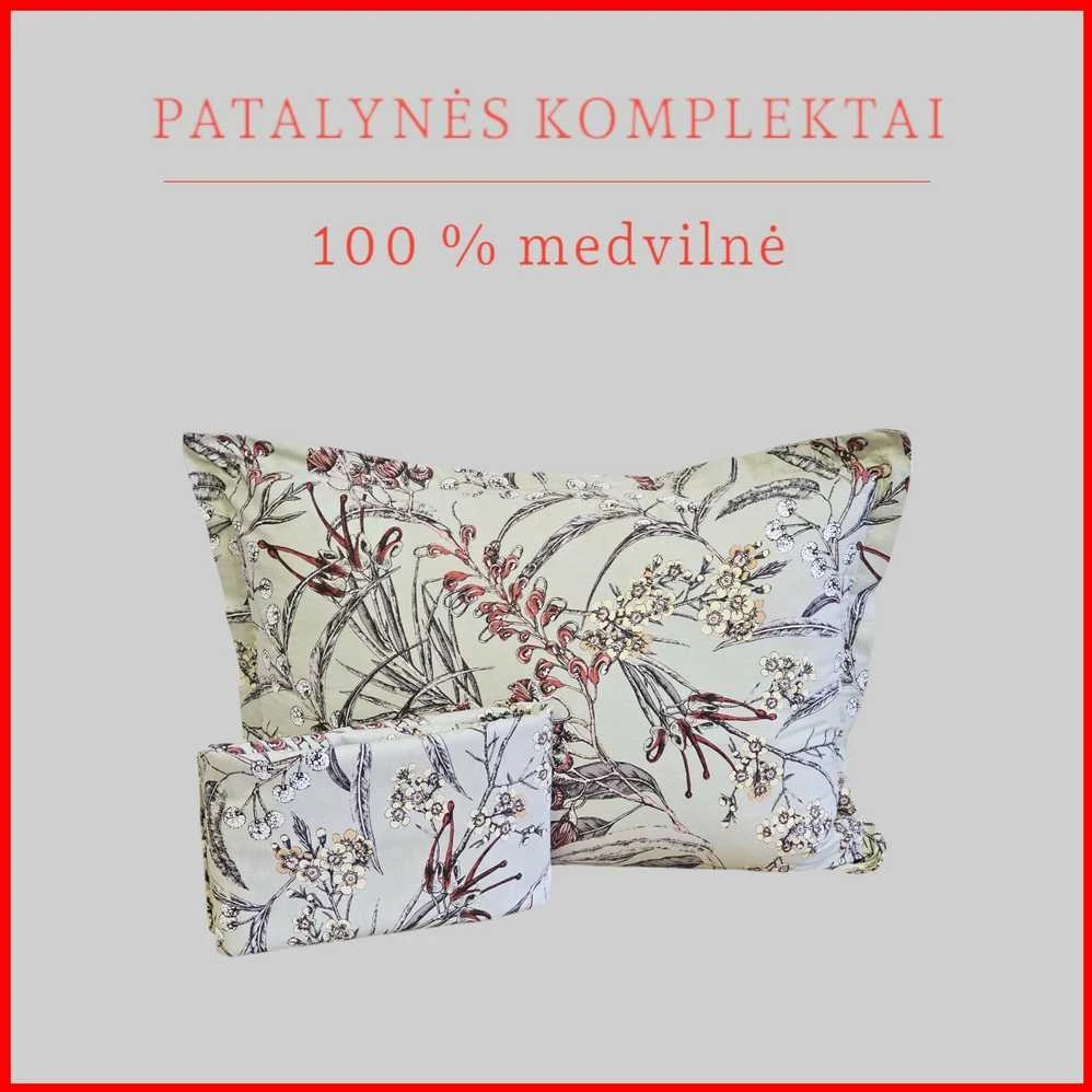 100 proc. medvilnės patalynės komplektas - Antklodės užvalkalas 200x200 cm. + pagalvės užvalkalai 50x70 cm. (2 vnt.)