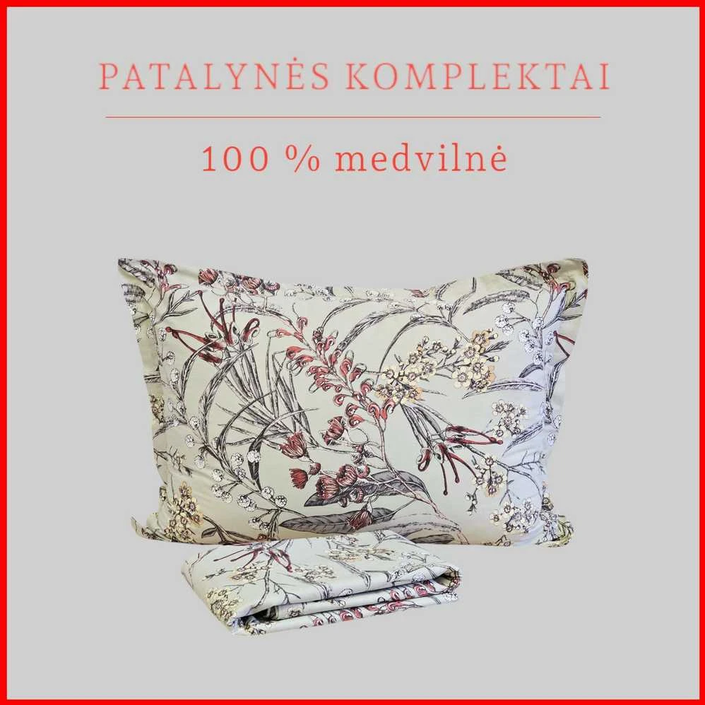 100 proc. medvilnės patalynės komplektas - Antklodės užvalkalas 200x200 cm. + pagalvės užvalkalai 50x70 cm. (2 vnt.)